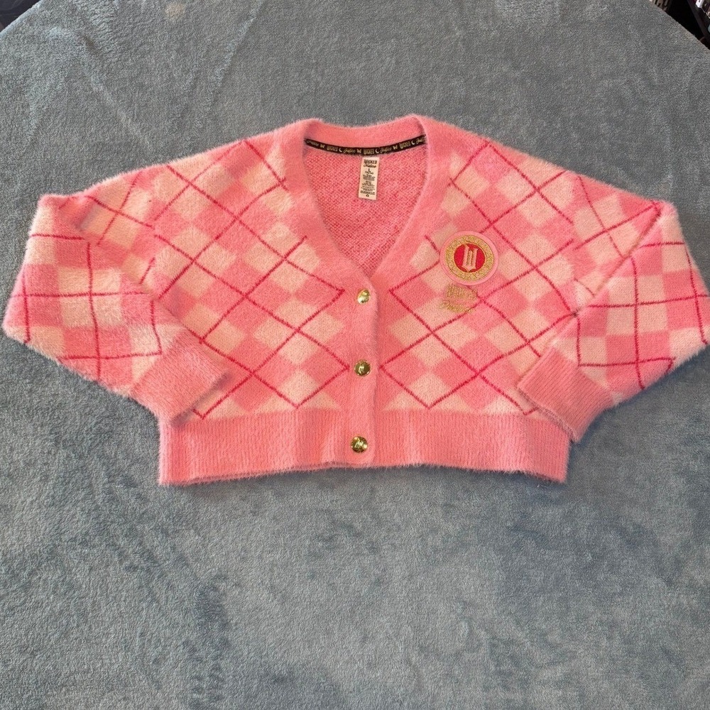 Wicked x Justice Argyle Fuzzy Cardigan L Pink Gold Button Crest Sweater